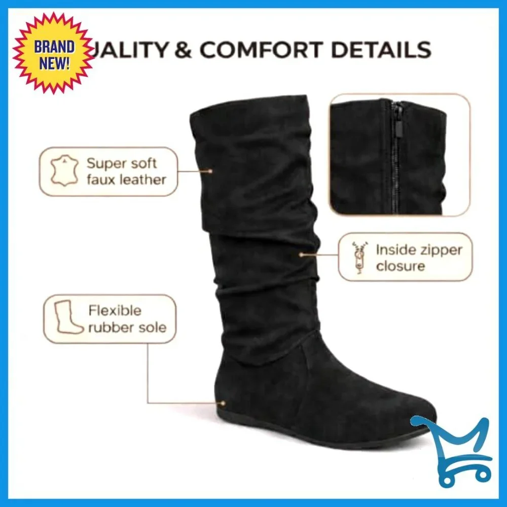 Mid-Calf Boots Slouchy Flat Heel Synthetic Faux Suede Zip Closure